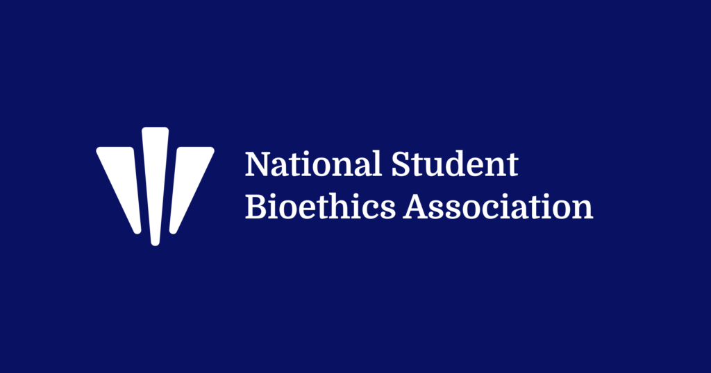 National Student Bioethics Association Logo in white on a navy blue background